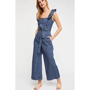 NEW Free People Sun Valley Dark Blue Denim Chambray Front Zip Jumpsuit 12
